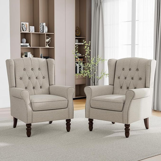 Mid-Century Modern 2-Piece Wingback Chair Set - Plush Upholstered Accent Chairs with Solid Wood Legs, High Back Lounge Seating for Living Room, Bedroom & Office - Retro Matched Pair (Grayish Beige)