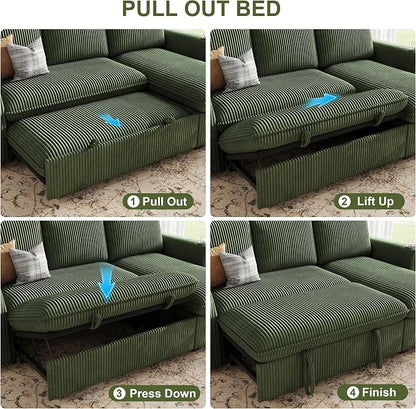 Sleeper Sofa with Pull Out Bed, Plush Corduroy Convertible Sofa Bed with Adjustable Backrest and Cup Holders, Loveseat Sleeper Couches for Living Room, Apartment, Green