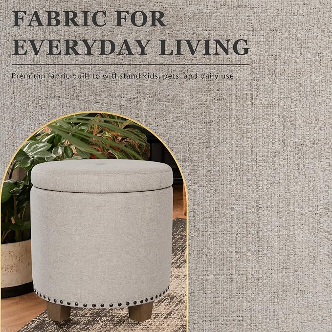 HomePop 18.5" Round Storage Ottoman with Nailheads - Light Brown Fabric