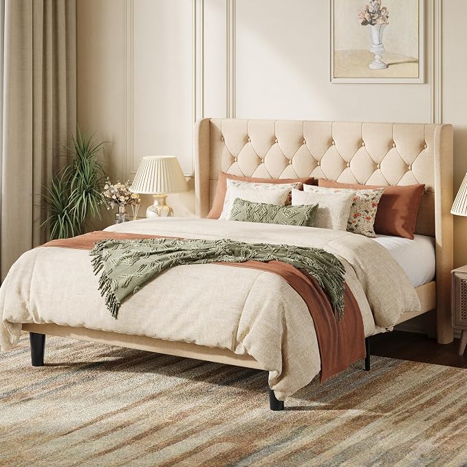 SHA CERLIN Queen Size Platform Bed Frame with Upholstered Headboard and Wingback, Button Tufted Design, Easy Assembly, No Box Spring Needed, Beige