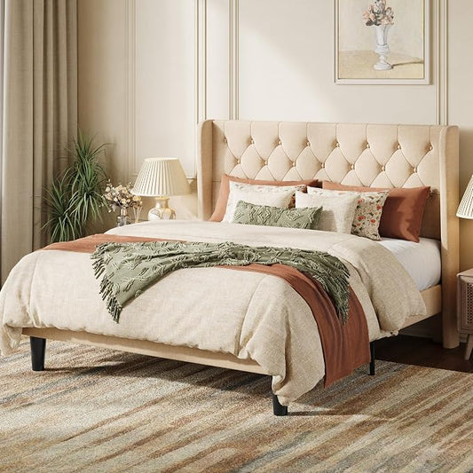 SHA CERLIN Queen Size Platform Bed Frame with Upholstered Headboard and Wingback, Button Tufted Design, Easy Assembly, No Box Spring Needed, Beige