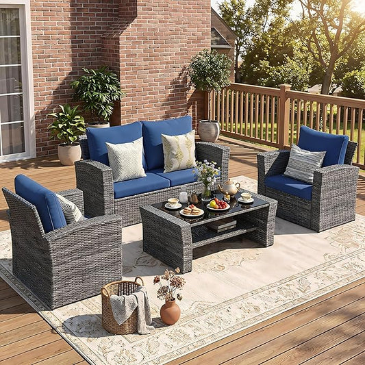 Wisteria Lane Patio Furniture Set, Wicker Outside Outdoor Furniture for All Weather, Patio Sofa with High Backrest Support and Wide Armrest for Backyard, Balcony, Deck, Porch, Dark Blue