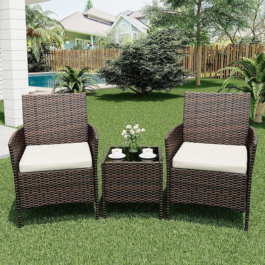 3 Pieces Patio Furniture Sets, Outdoor Wicker Furniture with Soft Cushion and Glass Coffee Table, Modern Rattan Patio Chairs Conversation Sets for Garden, Poolside, Porch, Balconies, Brown and White