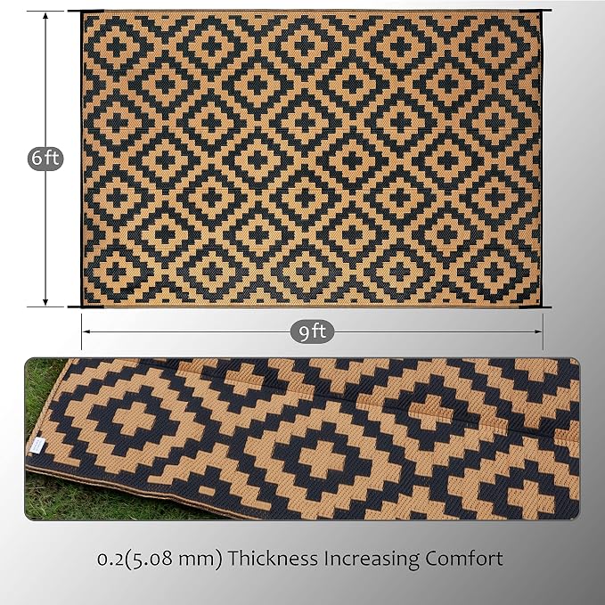 SAND MINE Reversible Mats, Plastic Straw Rug, Modern Area Rug, Large Floor Mat and Rug for Outdoors, RV, Patio, Backyard, Deck, Picnic, Beach, Trailer, Camping, Black & Brown, 6' x 9'
