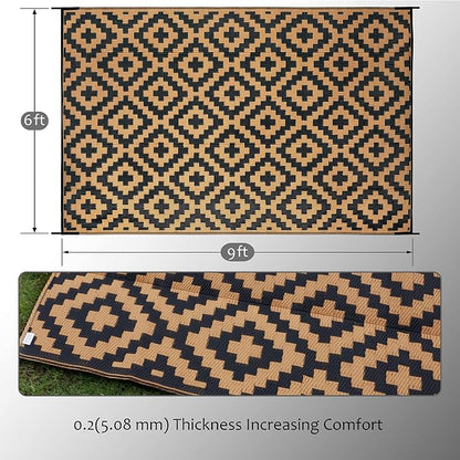 SAND MINE Reversible Mats, Plastic Straw Rug, Modern Area Rug, Large Floor Mat and Rug for Outdoors, RV, Patio, Backyard, Deck, Picnic, Beach, Trailer, Camping, Black & Brown, 6' x 9'