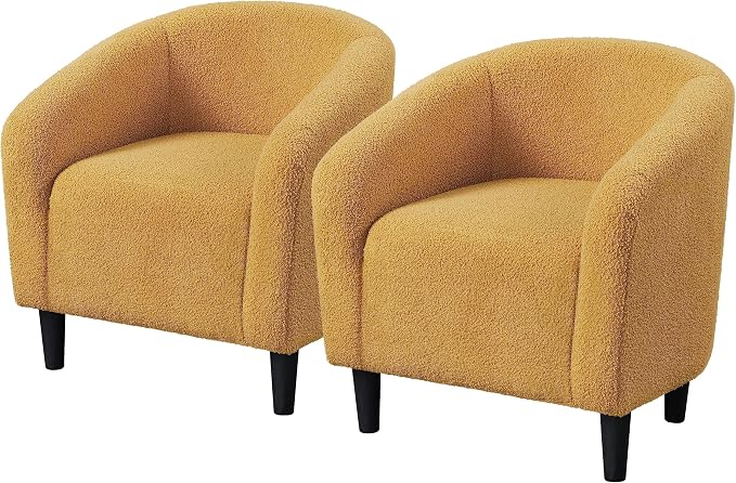 Topeakmart Barrel Chair, Soft Sherpa Accent Chair Side Chair Club Chair Modern Style Deep Seating Barrel Armchair for Living Room Furniture Reading Room Bedroom, Set of 2, Mustard Yellow
