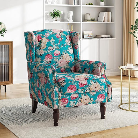 Pia Ricco High Back Floral Accent Chair - Retro Wingback Upholstered Armchair with Nailhead Trim, Solid Wood Legs, Fabric Living Room Bedroom Reading Chair (Peacock Blue)