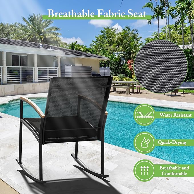 Shintenchi 3 Pieces Patio Rocking Bistro Sets,Outdoor Textilene Fabric Conversation Bistro Set,Front Porch Rocker Chairs Small Patio Furniture Set with Table for Lawn,Garden,Balcony(Black)