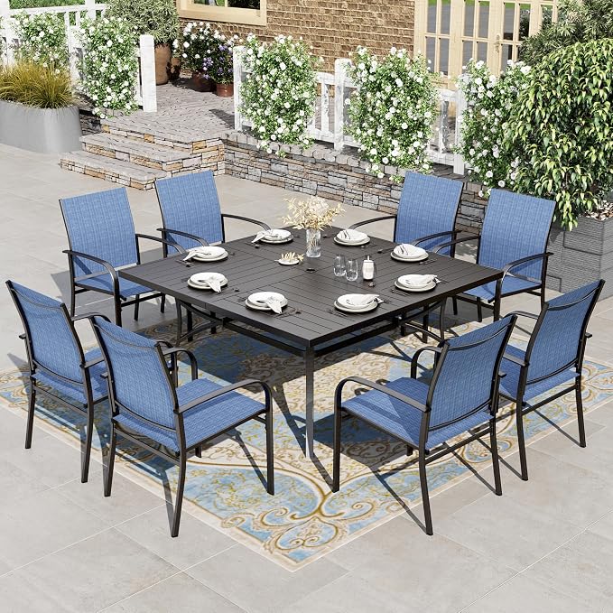 HERA'S HOUSE 9 Pieces Patio Dining Sets, Outdoor Table and Chairs Set of 8, 8 x Blue Textilene Dining Chair, 57.5" Square Metal Dining Table with 1.57" Umbrella Hole for Lawn Garden Backyard Deck