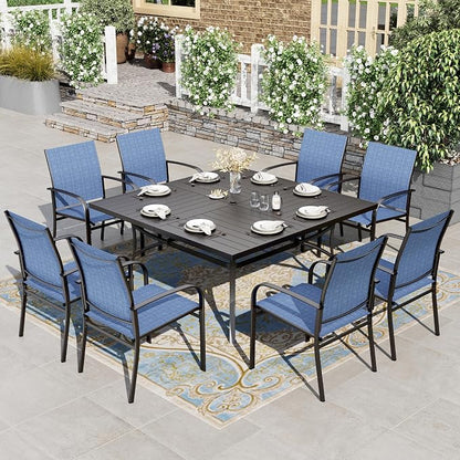 HERA'S HOUSE 9 Pieces Patio Dining Sets, Outdoor Table and Chairs Set of 8, 8 x Blue Textilene Dining Chair, 57.5" Square Metal Dining Table with 1.57" Umbrella Hole for Lawn Garden Backyard Deck