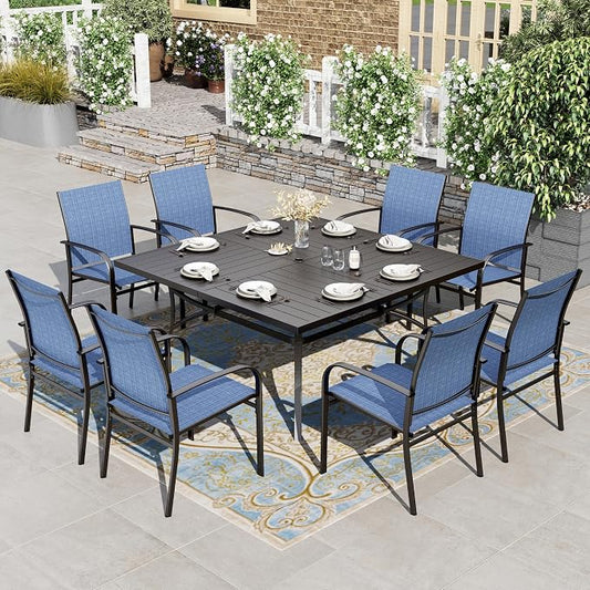 HERA'S HOUSE 9 Pieces Patio Dining Sets, Outdoor Table and Chairs Set of 8, 8 x Blue Textilene Dining Chair, 57.5" Square Metal Dining Table with 1.57" Umbrella Hole for Lawn Garden Backyard Deck