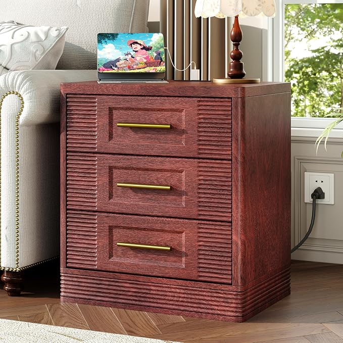 RECHHX 3 Drawer Dresser for Bedroom, 25.6" Tall Nightstand with Charging Station, Farmhouse 23.6" Wide End Table, Thermoformed Curved Small Chest of Drawers for Bedroom, Living Room, Walnut Cherry