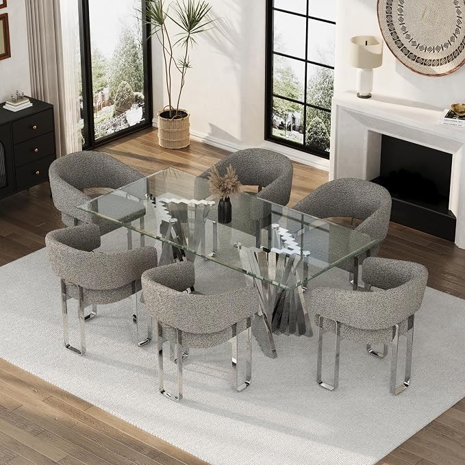 Modern Dining Chairs, Boucle Upholstered Dining Room Chairs, Grey Sherpa Barrel Armchair with Curved Backrest and Polished Silver U-Shaped Legs，Set of 6（Only Chairs）