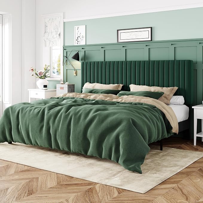 Allewie King Bed Frame, Velvet Upholstered Platform Bed with Adjustable Vertical Channel Tufted Headboard, Mattress Foundation with Strong Wooden Slats, Box Spring Optional, Easy Assembly, Green