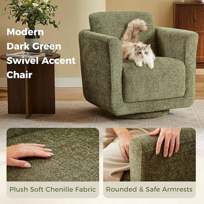 Swivel Accent Chairs Set of 2, Fully Assembled Barrel Chairs, Accent Chairs with Solid Wood Frame & Ergonomic Cushion, 360° Chenille Armchairs for Living Room & Bedroom, Forest Green