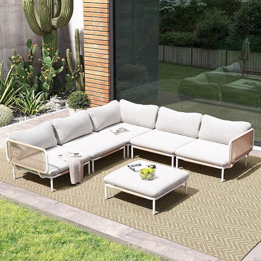 Crestlive Products Outdoor Patio Furniture Set, 6 Seater Modular Oversized Patio Conversation Set with Cushions, Modern Metal Sectional Outdoor Couch for Backyard, Deck, Porch, or Poolside, Beige