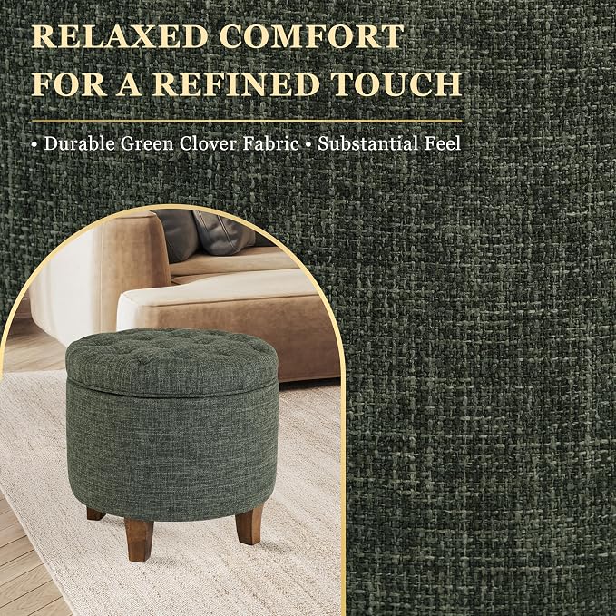 HomePop 19" Button Tufted Round Storage Ottoman - Green Clover Fabric