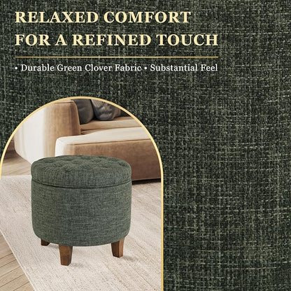 HomePop 19" Button Tufted Round Storage Ottoman - Green Clover Fabric