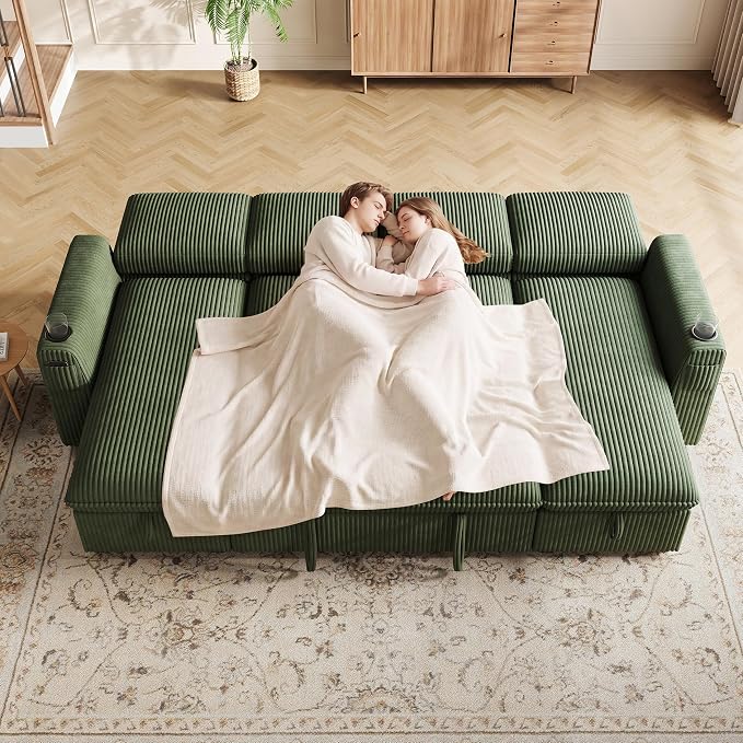 Sectional Sleeper Sofa with Pull Out Bed, Plush Corduroy Sectional Sofa with Double Storage Chaise and Adjustable Backrest, Cloud Sectional Couches for Living Room, Apartment, Green