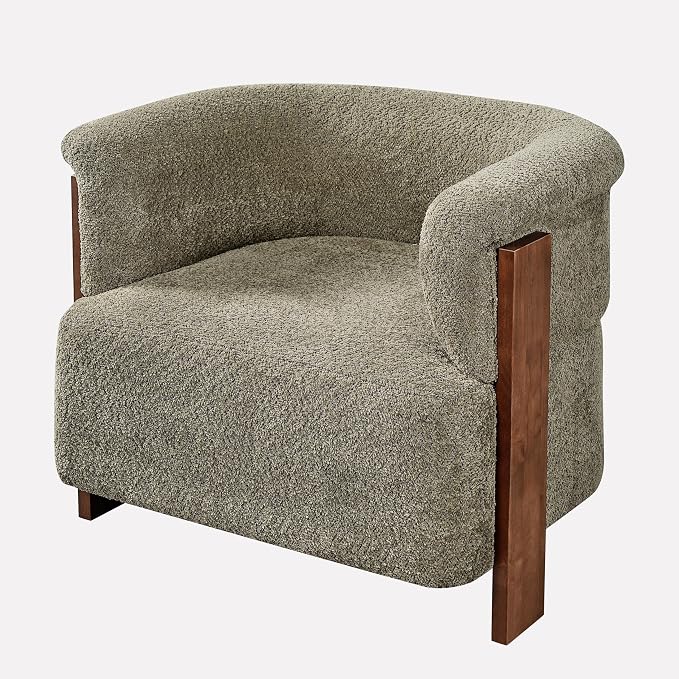 Merax 31.7" Mid-Century Teddy Fleece Barrel Accent Chair, Green | Green Teddy Fleece Upholstered Armchair, Modern Wraparound Lounge Chair for Living Room, Bedroom, Entryway