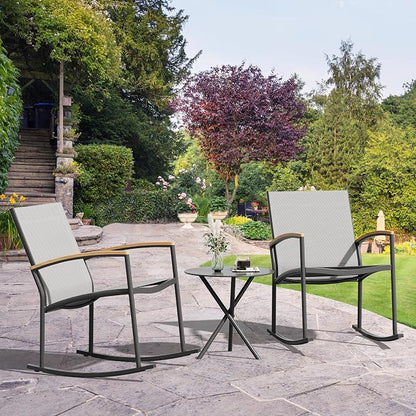 Shintenchi 3 Pieces Patio Rocking Bistro Sets,Outdoor Textilene Fabric Conversation Bistro Set,Front Porch Rocker Chairs Small Patio Furniture Set with Table for Lawn,Garden,Balcony(Light Gray)