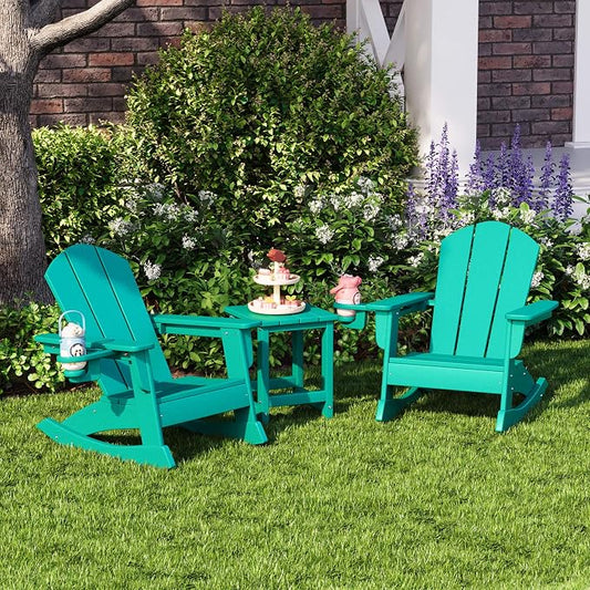 Costaelm Paradise 3-Piece Kids Table and Chairs Set with Toddler Rocking Chairs and Cup Holders, Turquoise