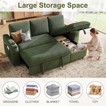 Sectional Sleeper Sofa with Pull Out Bed, Plush Corduroy Sectional Sofa with Storage Chaise and Adjustable Backrest, Cloud Sectional Couches for Living Room, Apartment, Green