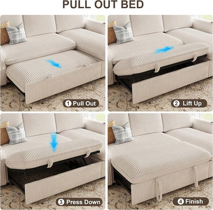 Sectional Sleeper Sofa with Pull Out Bed, Plush Corduroy Sectional Sofa with Storage Chaise and Adjustable Backrest, Cloud Sectional Couches for Living Room, Apartment, Beige