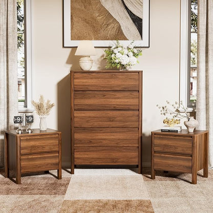 Furniway Walnut Mid-Century Modern 3 Piece Bedroom Furniture Set, 5 Drawer Dresser with Handleless Wood Grain Design and Nightstands Set of 2, Minimalist Storage Dresser for Bedroom
