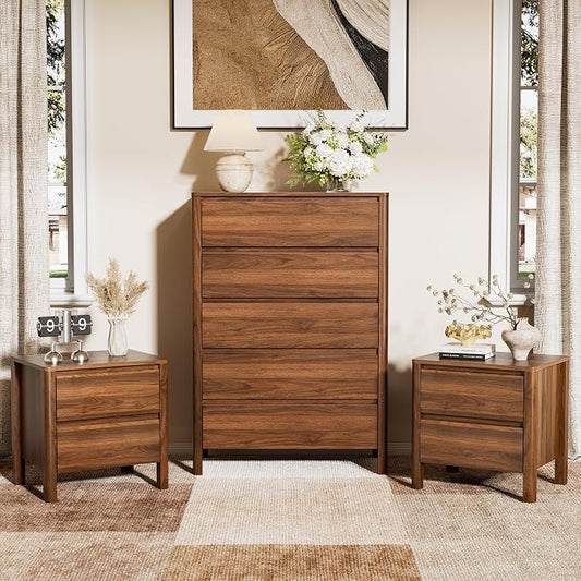 Furniway Walnut Mid-Century Modern 3 Piece Bedroom Furniture Set, 5 Drawer Dresser with Handleless Wood Grain Design and Nightstands Set of 2, Minimalist Storage Dresser for Bedroom