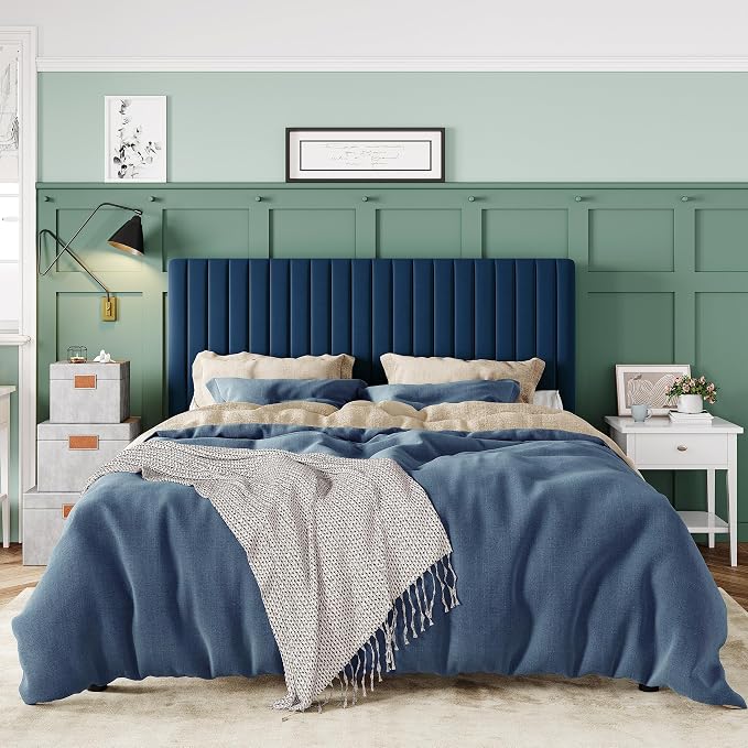 Allewie Queen Bed Frame, Velvet Upholstered Platform Bed with Adjustable Vertical Channel Tufted Headboard, Mattress Foundation with Strong Wooden Slats, Box Spring Optional, Easy Assembly, Navy Blue