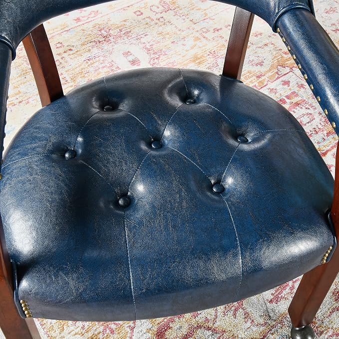 LEEMTORIG Large Dining Chairs with Casters and Arms, Rolling Dining Chairs with Wheels, Solid Wood Boss Caption's Chairs Office Desk Chairs, 26"D x 25.2"W x 31.5"H, Cherry Legs & Blue PU SY-1533-LB