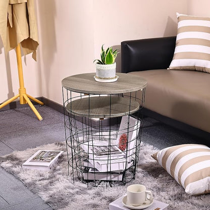 Elevon Nesting Table End Table Wire Basket Base with Wood Tops Side Table Set of 2, Gray