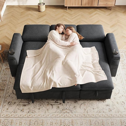 Sectional Sleeper Sofa with Pull Out Bed, Plush Corduroy Sectional Sofa with Storage Chaise and Adjustable Backrest, Cloud Sectional Couches for Living Room, Apartment, Dark Grey