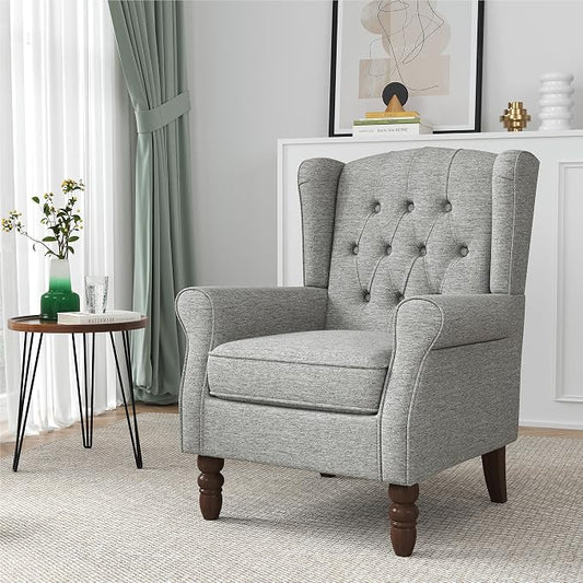 High Back Accent Chair, High Wingback Chair for Living Room, Button-Tufted Upholstered Fabric Armchair with Solid Wood Legs, Comfy Single Sofa Reading Chair for Bedroom, Light Gray