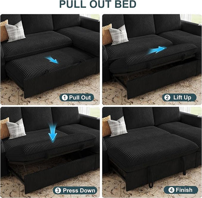 Sleeper Sofa with Pull Out Bed, Plush Corduroy Convertible Sofa Bed with Adjustable Backrest and Cup Holders, Loveseat Sleeper Couches for Living Room, Apartment, Black