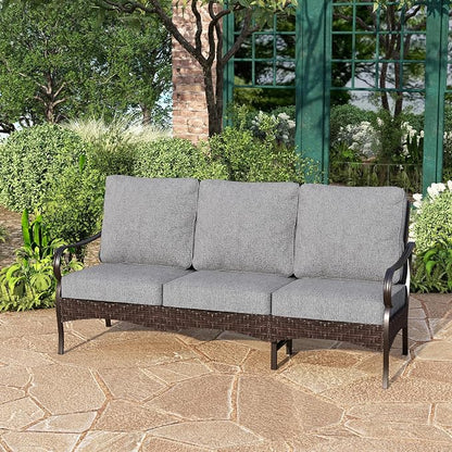 PHI VILLA Wicker & Metal Outdoor Patio Couch,3-Seat Patio Sofa with Deep Seating for Front Porch, Deck, Balcony, Backyard, Sunroom,Grey