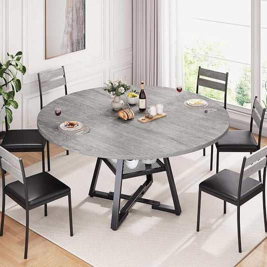 Jocoevol 51" Round Dining Table for 6,Kitchen Dining Room Circle Dinner Pedestal Table,Space Saving Wood Kitchen & Dining Room Furniture (Grey, 51In)