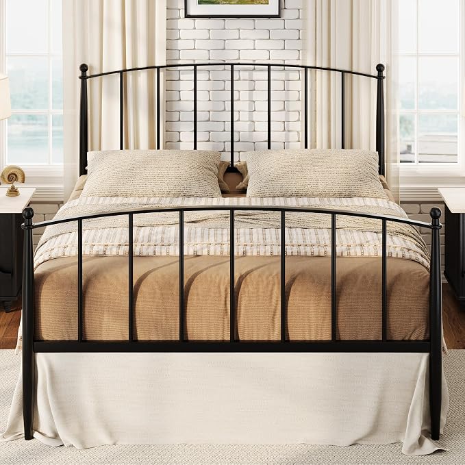 SHA CERLIN Full Size Metal Platform Bed Frame with Victorian Style Iron-Art Headboard and Footboard, Easy Assembly, No Box Spring Needed, Black