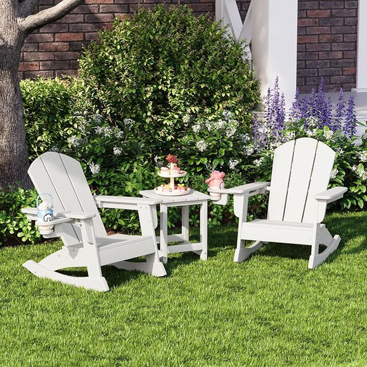 Costaelm Paradise 3-Piece Kids Table and Chairs Set with Toddler Rocking Chairs and Cup Holders, White