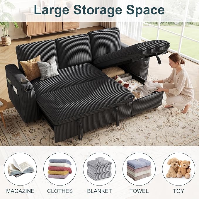 Sectional Sleeper Sofa with Pull Out Bed, Plush Corduroy Sectional Sofa with Storage Chaise and Adjustable Backrest, Cloud Sectional Couches for Living Room, Apartment, Dark Grey