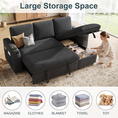 Sectional Sleeper Sofa with Pull Out Bed, Plush Corduroy Sectional Sofa with Storage Chaise and Adjustable Backrest, Cloud Sectional Couches for Living Room, Apartment, Dark Grey