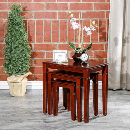 DTY Indoor Living 3-Piece Nesting Tables - Wooden Table Set of 3 for Living Room - Stackable Tables with Sleek Cherry Finish for Stylish and Space-Saving Home Furniture