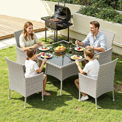 5-Piece Patio Dining Set, Patio Furniture Set with Square Tempered Glass Table & 4 Wicker Chairs, Expandable Design for Larger Groups, Outdoor Furniture for Backyard, Deck, Garden, Navy Blue