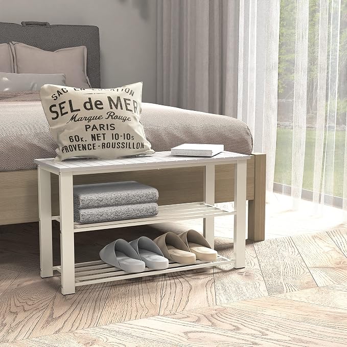 Simple Houseware Wood Top Shoe Storage Bench for Entryway, White
