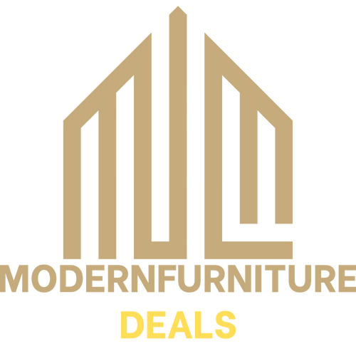 Logo of Modern Furniture Deals with gold geometric design on a white background