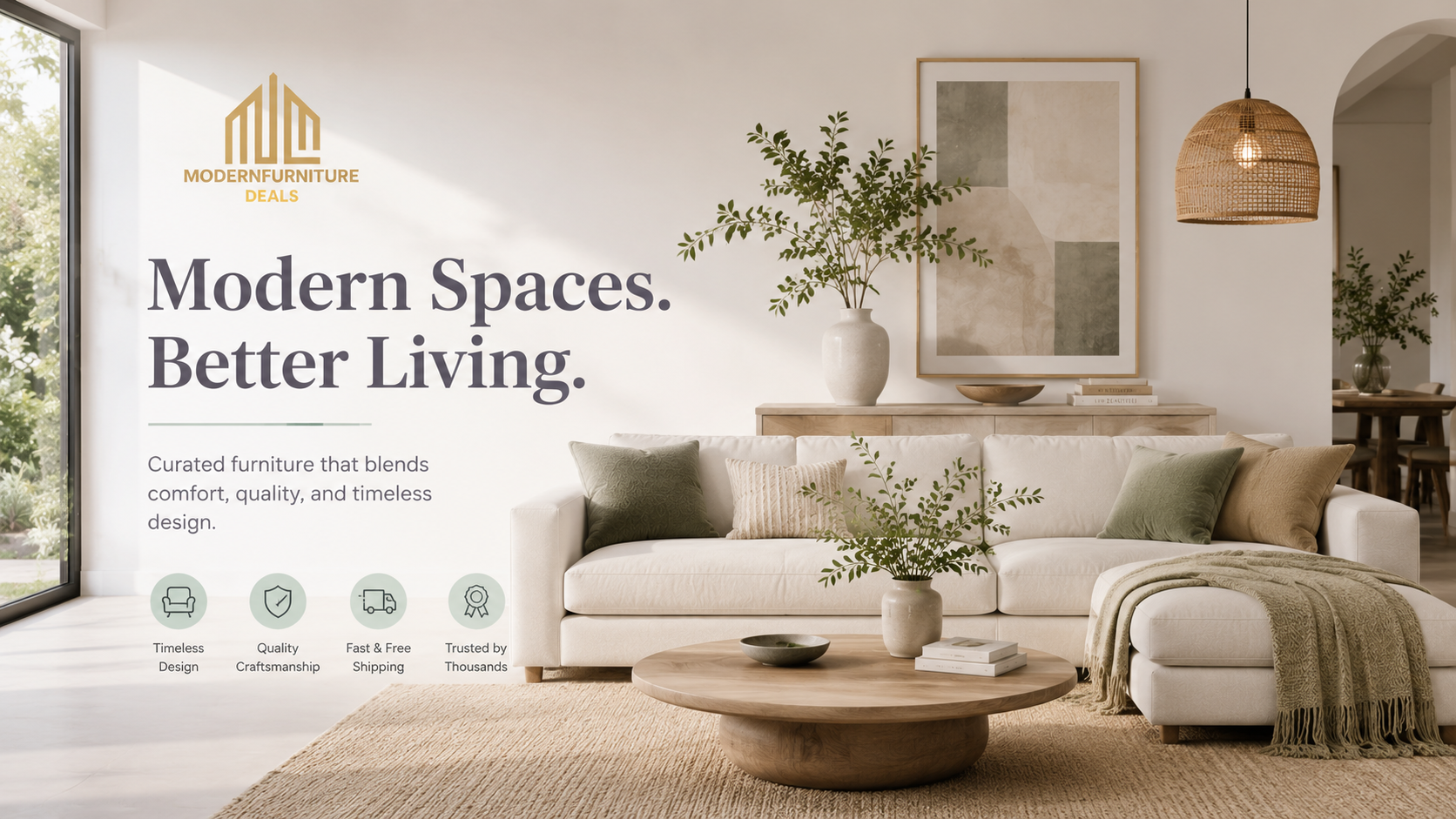 Modern living room with a sofa, coffee table, and decorative elements, featuring the brand 'Modern Furniture Club'.