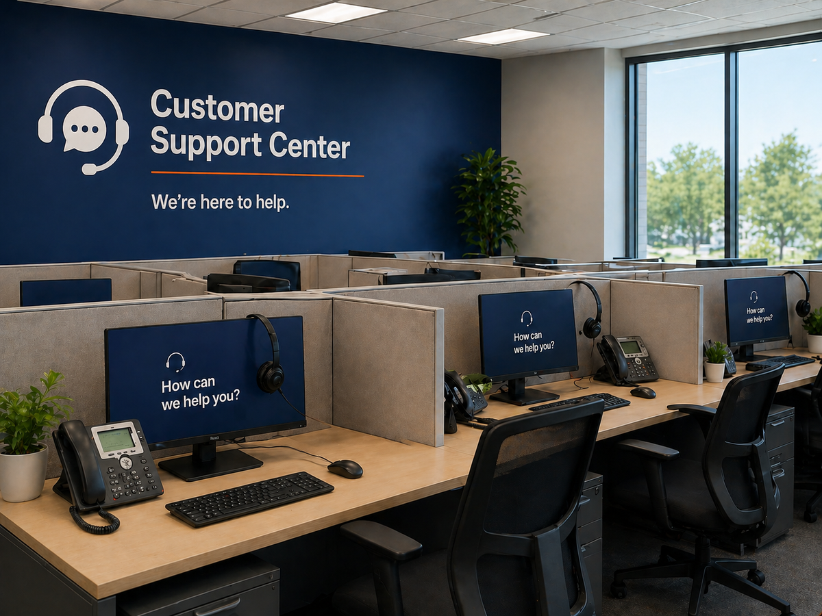 Customer support center with desks, computers, and a blue wall with 'Customer Support Center' branding.