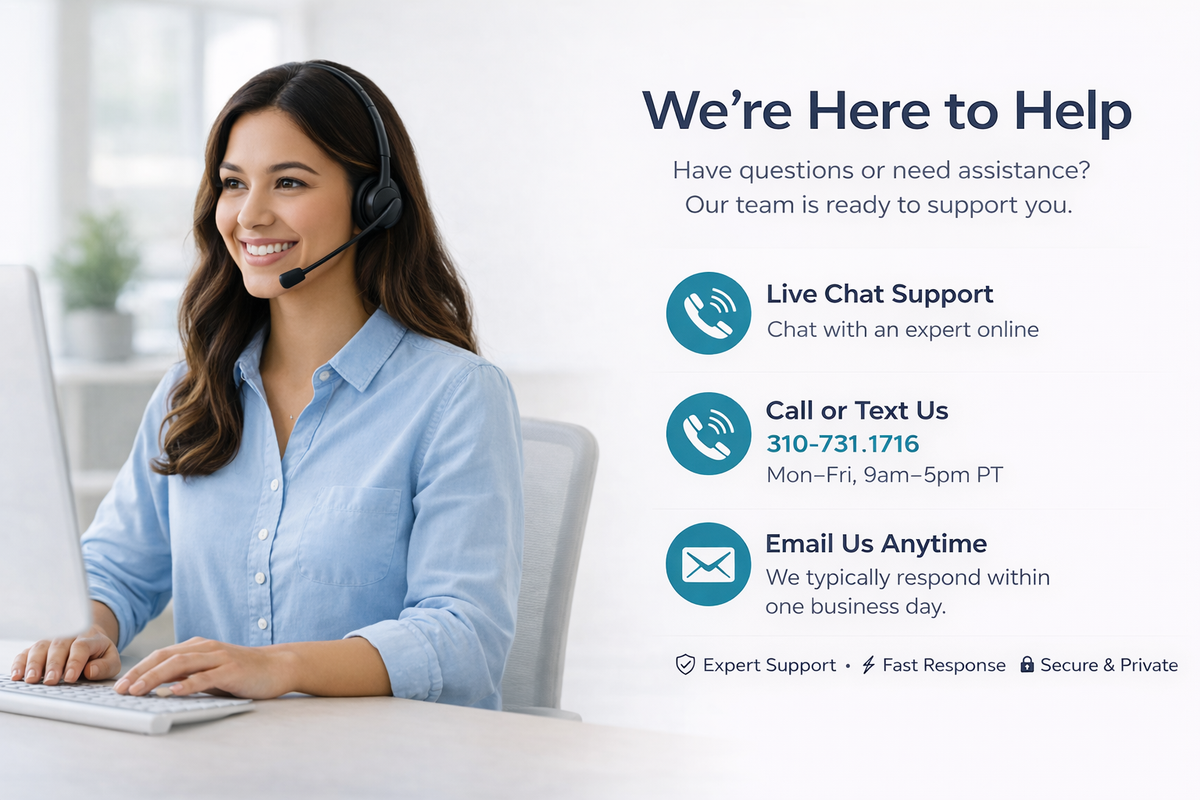 Customer service representative with headset and text about support options on a white background